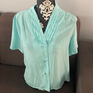 SUSAN HUTTON Aqua / Turquoise Short Sleeve Blouse Size 10